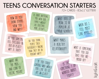 Preview of Therapy questions for teens, conversation starters, DBT cards, CBT cards