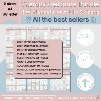 Preview of Therapy worksheet bundle, psychology resources, self esteem worksheets