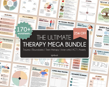 Preview of Therapy worksheets bundle, teen therapy, anxiety, ACT, boundaries, inner critic