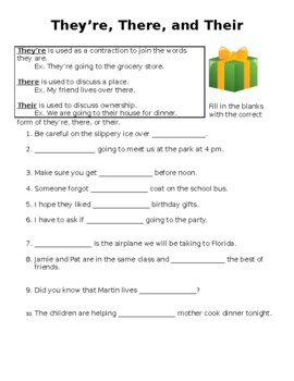 There, Their, and They're Practice Worksheet by Travailler | TPT