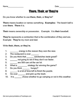 There, Their and They're worksheet with meanings, examples and problems.