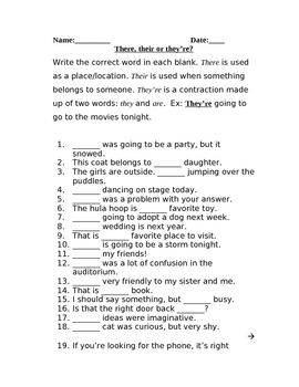 There Their or They're Practice Worksheet by sweetalr | TPT