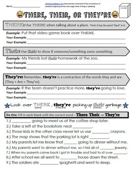 There, Their, or They're + Your or You're Worksheet Packet (Plus Test)