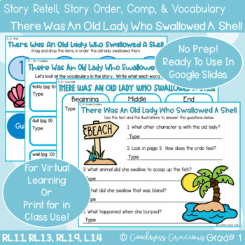 Preview of There Was An Old Lady Who Swallowed A Shell Retell, Comp, Vocab, & Sequence