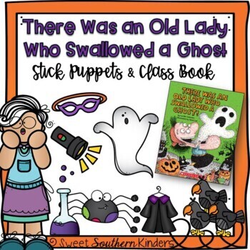 Preview of There Was an Old Lady Who Swallowed a Ghost Stick Puppets Sequencing Class Book