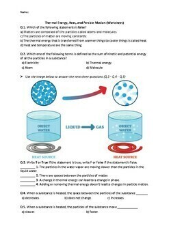 Preview of Thermal Energy, Heat, and Particle Motion - Worksheet (Printables)