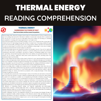 Preview of Thermal Energy Reading Comprehension Passage | Heat Energy  Types of Energy