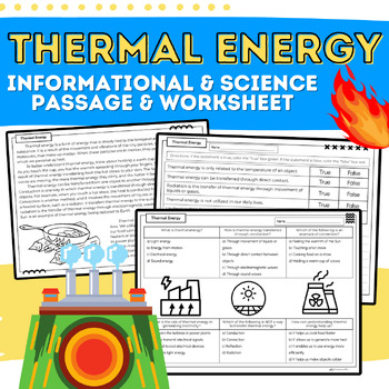 Preview of Thermal Energy:  Science Reading Passage & Worksheets for Energy Unit