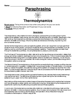 Preview of Thermodynamics Paraphrasing Worksheet