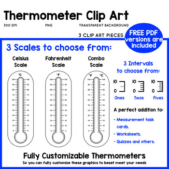 Preview of Thermometers Clip Art (Temperatures in Celsius and Fahrenheit) 3 Intervals