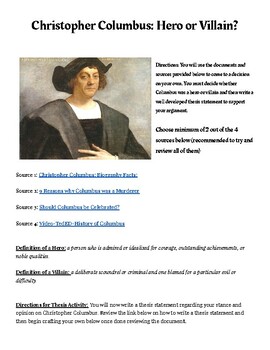 Preview of Thesis Activity: Christopher Columbus: Hero or Villain?
