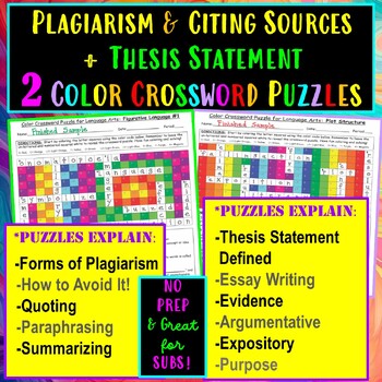 Preview of Thesis Statement + Plagiarism & Citing Sources - 2 Color Crossword Puzzles
