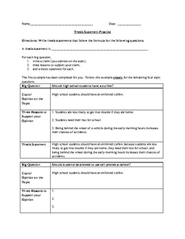 thesis statement worksheet pdf