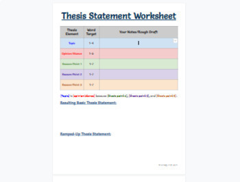 Preview of Thesis Statement Worksheet