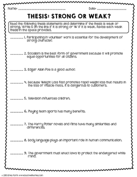 writing a strong thesis statement worksheet answers