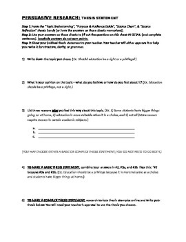 Preview of Thesis Statement Worksheet (Persuasive/Research Essay, Part 5)
