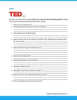 Preview of They Called Us Enemy- Ted Talk Worksheet