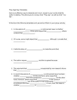 They Say/I Say Templates group activity by Teach and Lead TpT