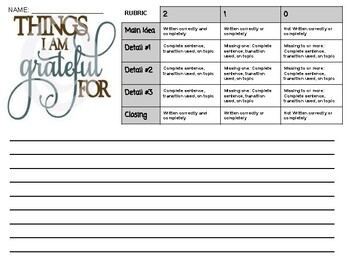 Preview of Things I Am Thankful For Paragraph Template +Rubric