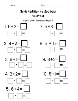 Think Addition to Subtract Pre/Post Test by Shana Belfort | TPT