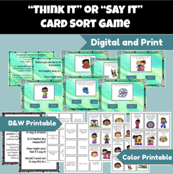 Preview of Think It or Say It Card Sort Digital and Printable-Social Skills & Life Skills