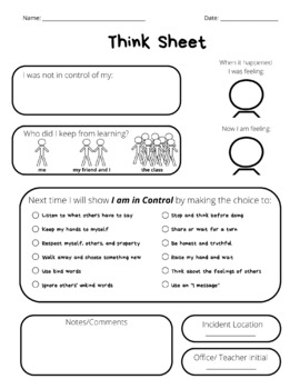 Preview of Think Sheet : growing self-control and responsibility