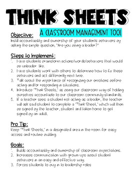 Preview of Think Sheets - A Classroom Management Tool