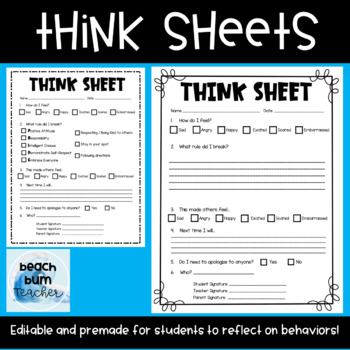 Think Sheets Editable by Beach Bum Teacher | TPT