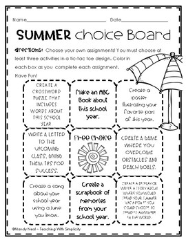 End of School Choice Board by Mandy Neal - Teaching With Simplicity