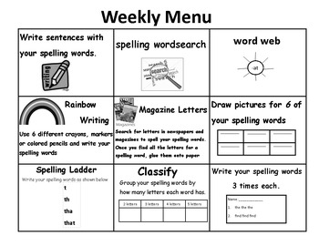 Preview of Think Tac Toe (Weekly Menu) --spelling or vocabulary words