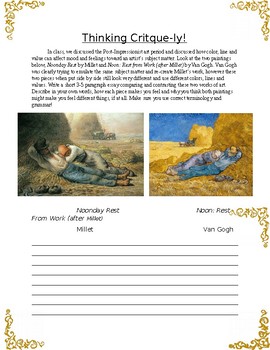 Preview of Thinking Critque-ly! Art Critique Worksheet; Van Gogh and Millet.