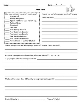Preview of Thinksheet and Behavior Journal for "Character Card" Classroom Management System
