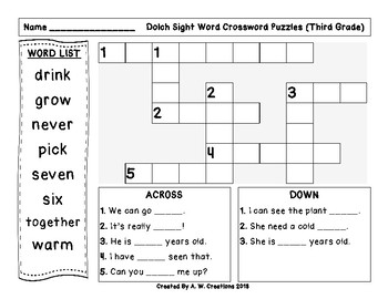 Third (3rd Grade) Dolch Sight Words Crossword Puzzle by A W Creations