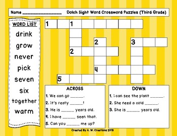 Preview of Third (3rd Grade) Dolch Sight Words Crossword Puzzle FREEBIE