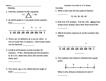 Preview of Daily Math Spiral Practice- Third Quarter Fantastic Five Daily Review