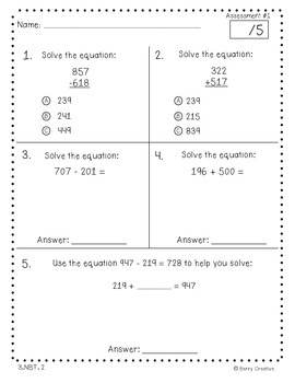 Third Grade Common Core Math Assessment ~ 3.NBT.1-3.NBT.3 by Berry Creative