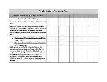 Preview of Third Grade Common Core Standards (Math)-Student Chart