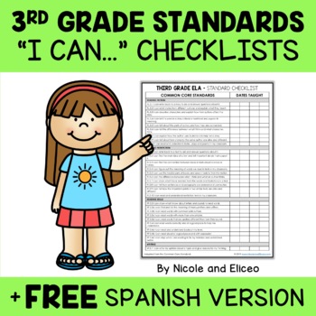 Preview of Third Grade Common Core Standards I Can Statement Checklists 1 + FREE Spanish