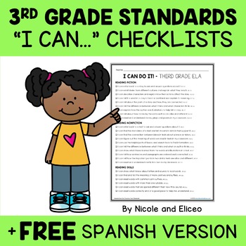 Preview of Third Grade Common Core Standards I Can Statement Checklists 2 + FREE Spanish