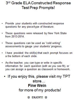 Preview of Third (3rd) Grade ELA Constructed Response State Test Prep Prompts