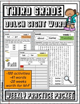Preview of Third Grade Dolch Sight Word Weekly Practice Book (20 weeks)