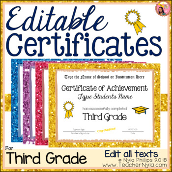 Preview of Editable Third Grade Graduation Certificates - Glitter Borders