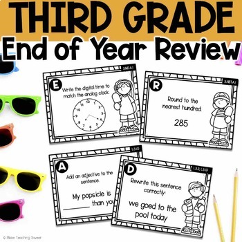 Preview of 3rd Grade End of Year Review Activity - Reading & Math Task Cards