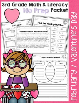 Preview of Third Grade February / Valentine's Day No Prep Math & Literacy Packet