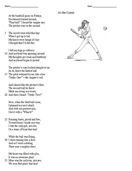 Preview of Third Grade Fiction Poetry Practice "At the Game" Poem and Questions