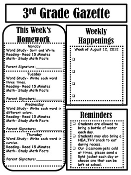 Third Grade Gazette-Weekly Newsletter and Homework Sheet | TpT