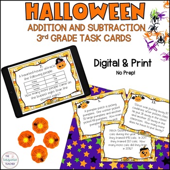 Preview of 3rd Grade Halloween Addition Subtraction Math Task Cards Digital No Prep