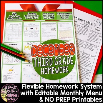 Preview of Third Grade Homework December | Editable Homework Menu & 40+ NO PREP Printables