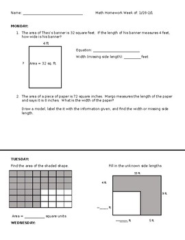 Preview of Third Grade Homework for Finding Area