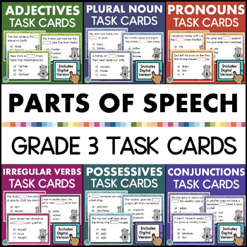 Preview of 3rd Grade Grammar Parts of Speech Practice Task Cards ELA Test Prep BUNDLE